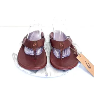 OluKai Kai Poi Leather Men Thongs Flip Flop Sandals Size 10 Dark Wood Beach