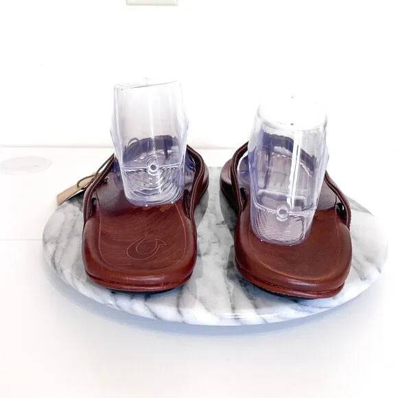 OluKai Kai Poi Leather Men Thongs Flip Flop Sandals Size 10 Dark Wood Beach