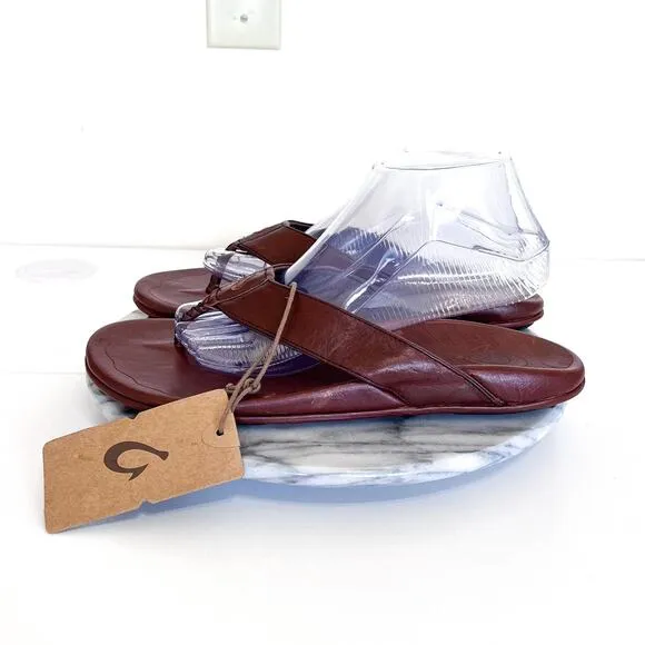 OluKai Kai Poi Leather Men Thongs Flip Flop Sandals Size 10 Dark Wood Beach