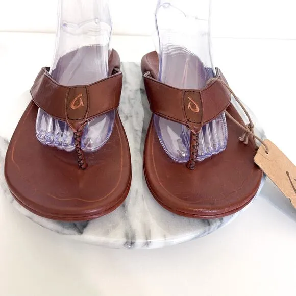 OluKai Kai Poi Leather Men Thongs Flip Flop Sandals Size 10 Dark Wood Beach