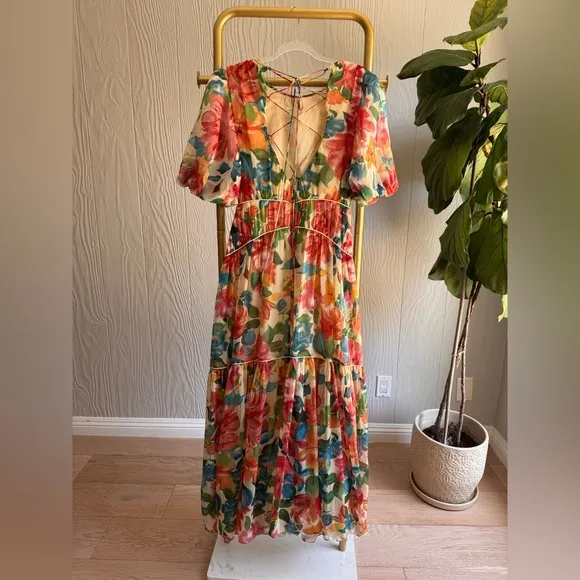 ONE33 SOCIAL puff sleeve maxi dress in floral Sz: 6 RTR $575