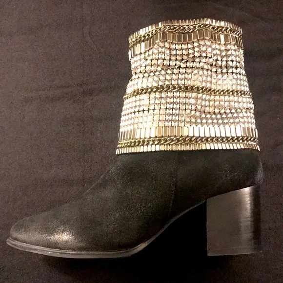 ORCADE Black Suede Ankle Booties with Metal Mesh Embellishments Size 36 EU