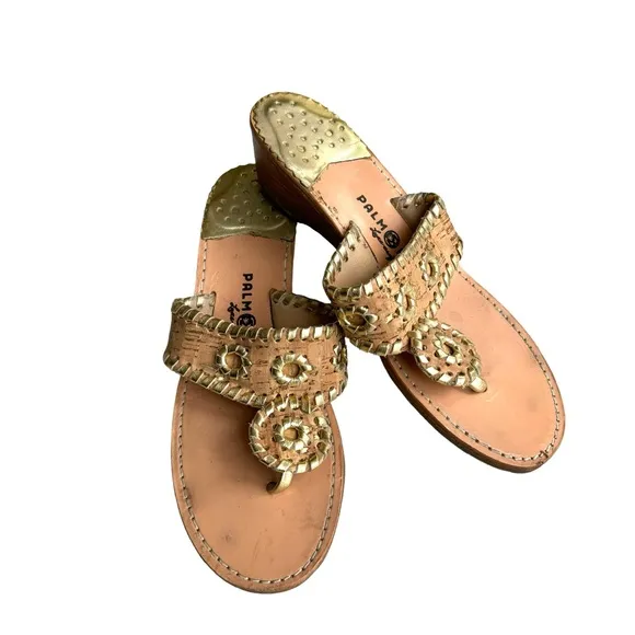 Palm Beach Sandals Classic Mid Wedge Cork Gold Trim Thong Sandals Women’s
