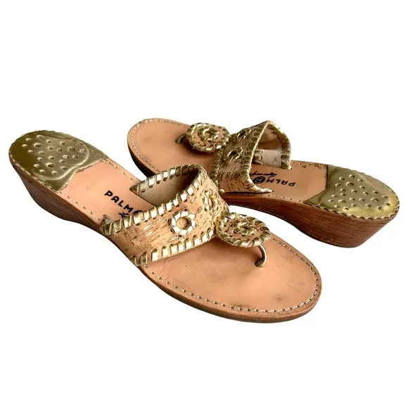 Palm Beach Sandals Classic Mid Wedge Cork Gold Trim Thong Sandals Women’s