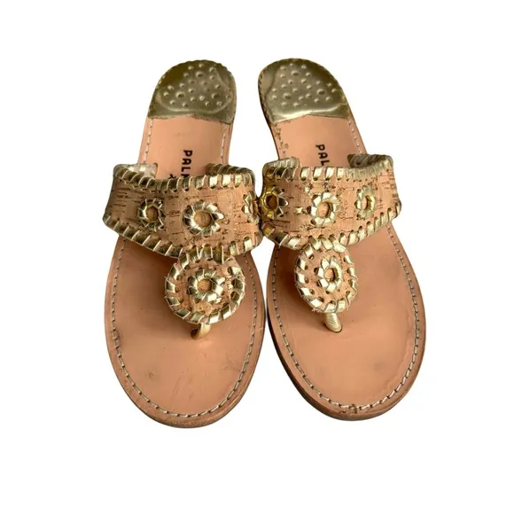 Palm Beach Sandals Classic Mid Wedge Cork Gold Trim Thong Sandals Women’s