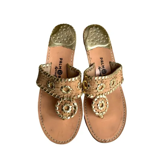 Palm Beach Sandals Classic Mid Wedge Cork Gold Trim Thong Sandals Women’s