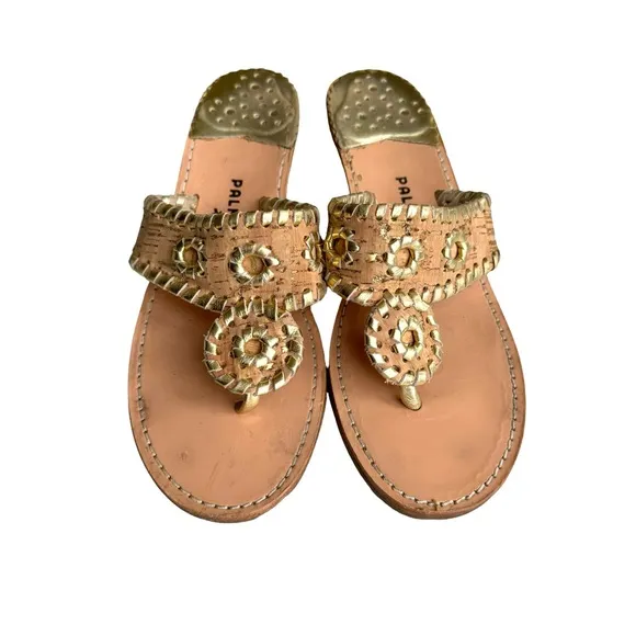 Palm Beach Sandals Classic Mid Wedge Cork Gold Trim Thong Sandals Women’s