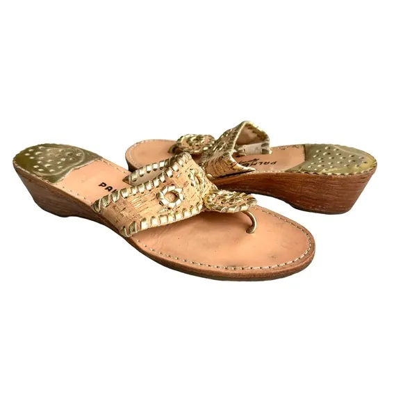 Palm Beach Sandals Classic Mid Wedge Cork Gold Trim Thong Sandals Women’s