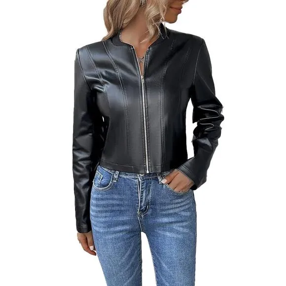 Patrizia Luca Women's Black Faux Leather Zip Up Cropped Moto Jacket Size XS NWT
