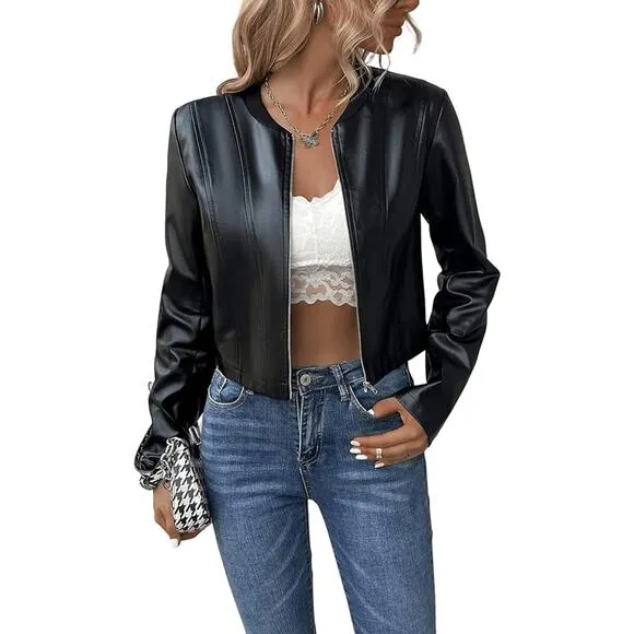Patrizia Luca Women's Black Faux Leather Zip Up Cropped Moto Jacket Size XS NWT