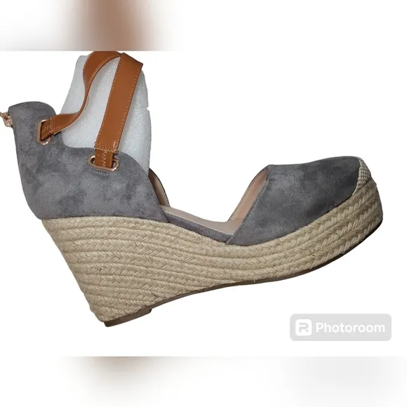 PiePieBuy Women’s Wedge Espadrille Ankle Strap Closed Cap Toe Gray Platform 11