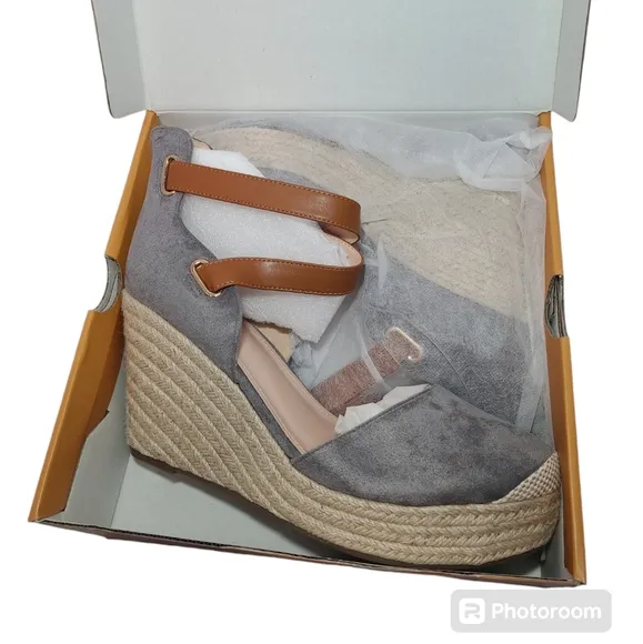PiePieBuy Women’s Wedge Espadrille Ankle Strap Closed Cap Toe Gray Platform 11