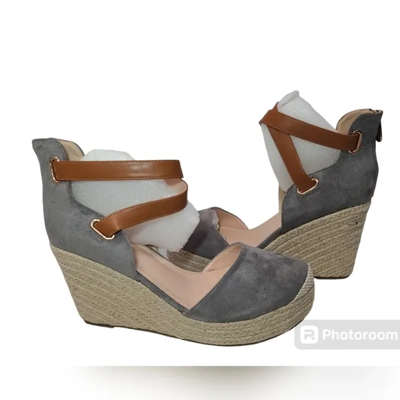 PiePieBuy Women’s Wedge Espadrille Ankle Strap Closed Cap Toe Gray Platform 11