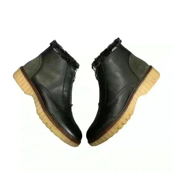 Pikolinos Leather Chelsea Boots Zip Up Faux Fur Trim In Black NWOT