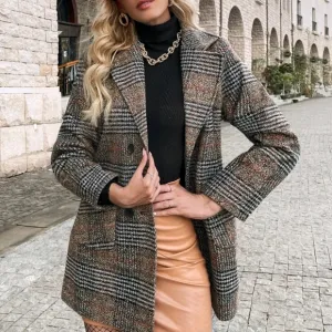 Plaid Pattern Pocket Front Double Breasted Lapel Neck Overcoat Workwear