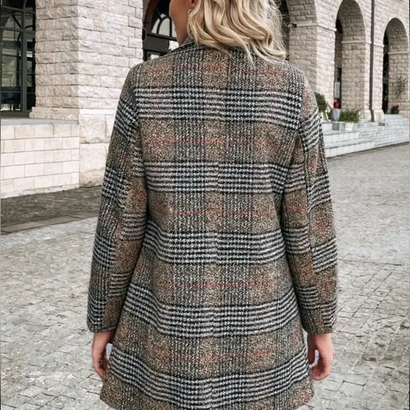 Plaid Pattern Pocket Front Double Breasted Lapel Neck Overcoat Workwear