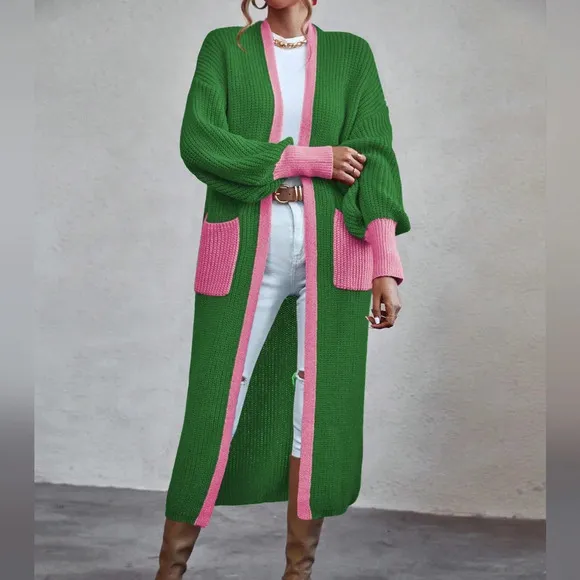 Pocket Contrast Trim Lantern Sleeve Duster Cardigan