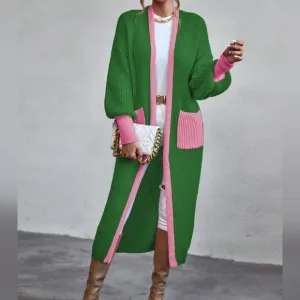 Pocket Contrast Trim Lantern Sleeve Duster Cardigan