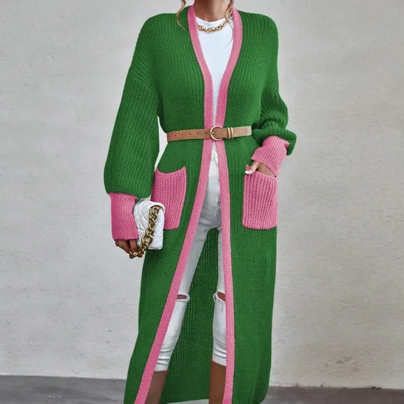 Pocket Contrast Trim Lantern Sleeve Duster Cardigan