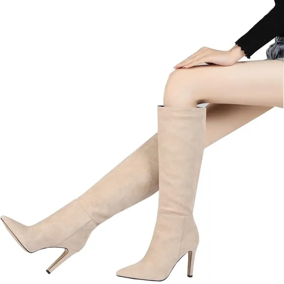 Pointed Toe Stitchcraft Slouchy Wide Calf Slip On Stiletto Knee High Boots