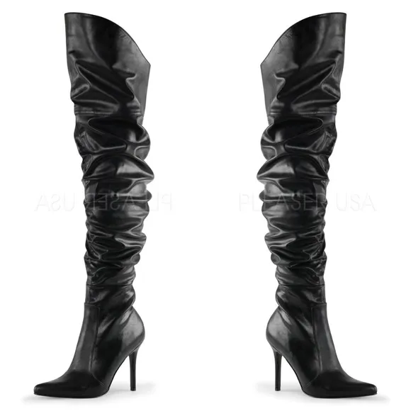 Pointed Toe Thigh High Heel Scrunch Boots