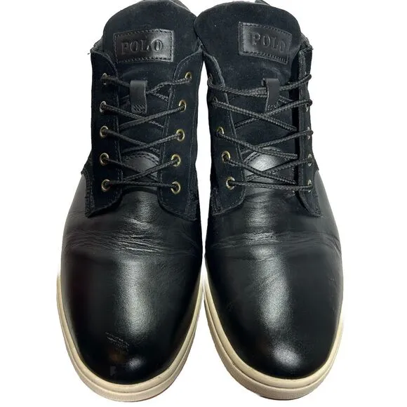 Polo Ralph Lauren Mens Black Leather Sneaker Boots Lace Up Sz 13 US, 12 UK, 46EU