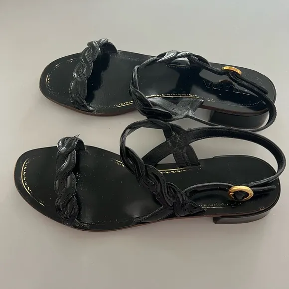 Prada Patent Leather Braided Accents Slingback Sandals