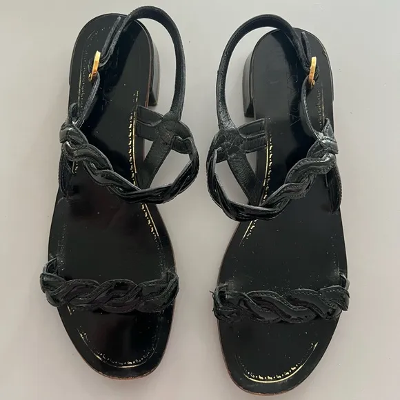 Prada Patent Leather Braided Accents Slingback Sandals