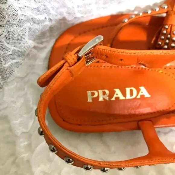 Prada Stud Tassel Orange Leather Sandals Size 38