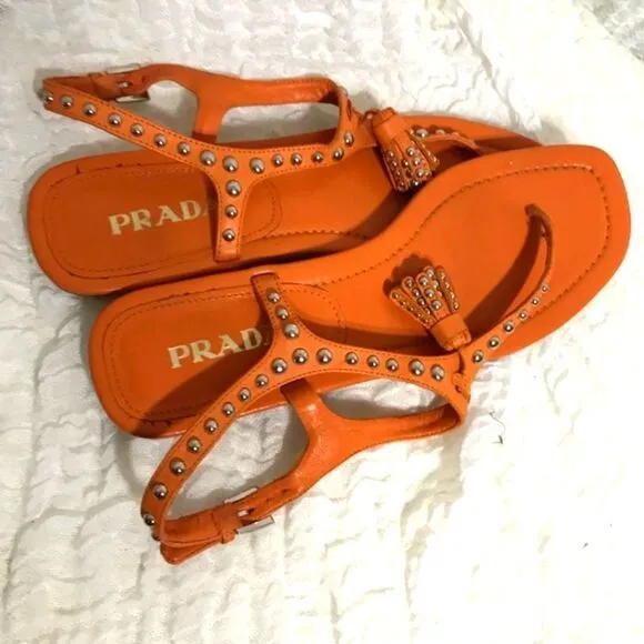 Prada Stud Tassel Orange Leather Sandals Size 38