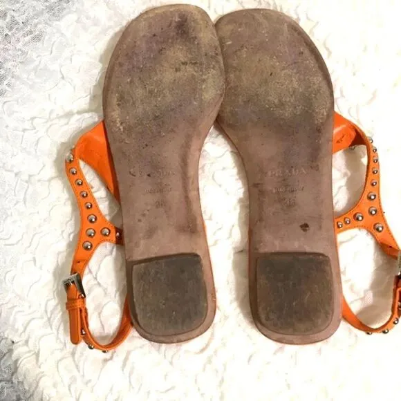 Prada Stud Tassel Orange Leather Sandals Size 38