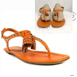 Prada Stud Tassel Orange Leather Sandals Size 38