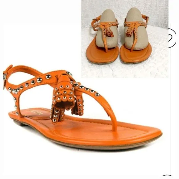 Prada Stud Tassel Orange Leather Sandals Size 38
