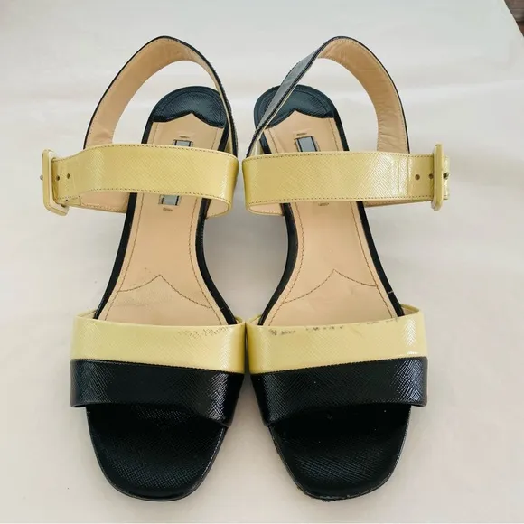 Prada Stunning Genuine Patent Leather Colorblock Pattern Slingback Sandals Sz 9