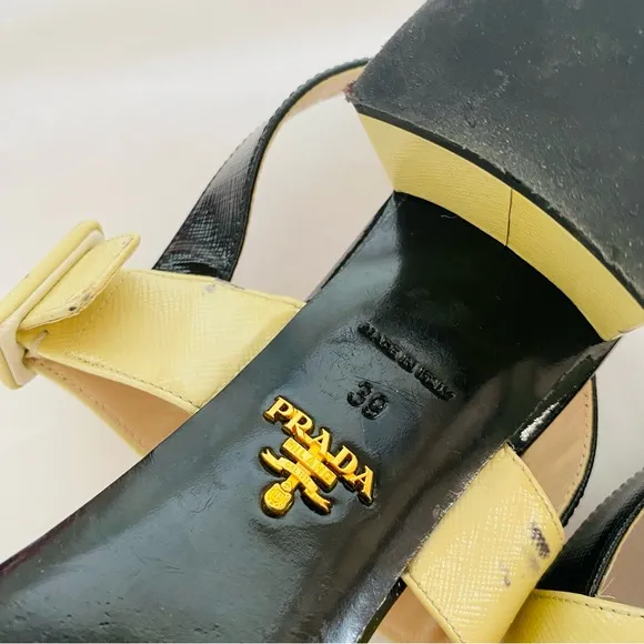 Prada Stunning Genuine Patent Leather Colorblock Pattern Slingback Sandals Sz 9