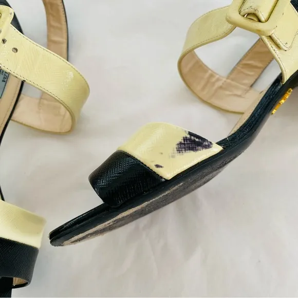 Prada Stunning Genuine Patent Leather Colorblock Pattern Slingback Sandals Sz 9