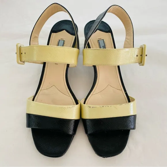 Prada Stunning Genuine Patent Leather Colorblock Pattern Slingback Sandals Sz 9