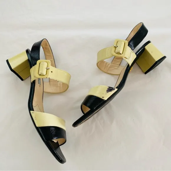 Prada Stunning Genuine Patent Leather Colorblock Pattern Slingback Sandals Sz 9