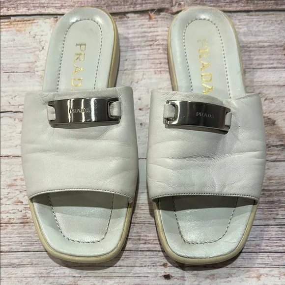 Prada Sz 6 White Leather Slide Sandals with Metallic Signature Name Plate