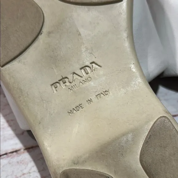 Prada Sz 6 White Leather Slide Sandals with Metallic Signature Name Plate