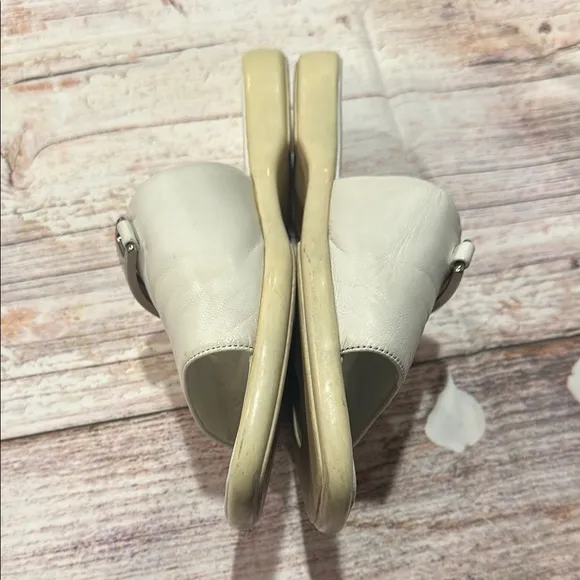 Prada Sz 6 White Leather Slide Sandals with Metallic Signature Name Plate