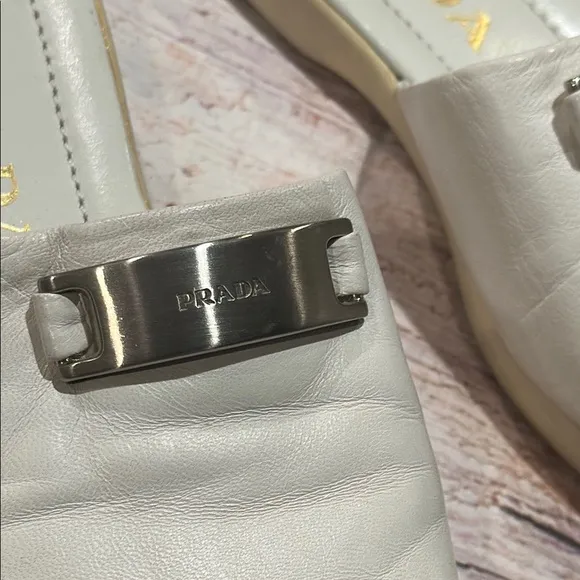 Prada Sz 6 White Leather Slide Sandals with Metallic Signature Name Plate