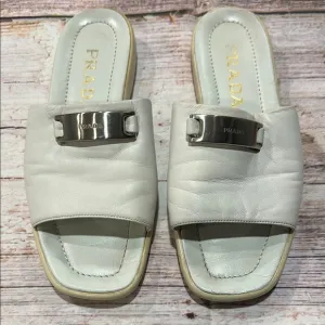 Prada Sz 6 White Leather Slide Sandals with Metallic Signature Name Plate