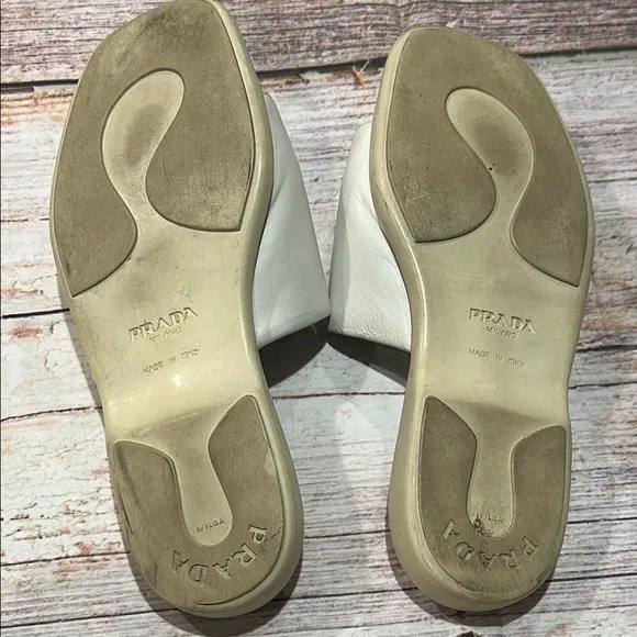 Prada Sz 6 White Leather Slide Sandals with Metallic Signature Name Plate