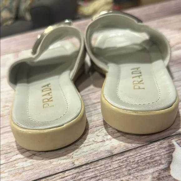 Prada Sz 6 White Leather Slide Sandals with Metallic Signature Name Plate