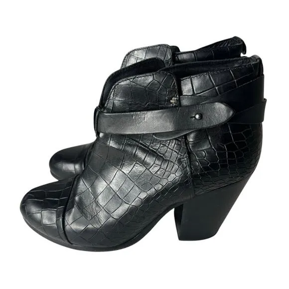 Rag &amp; Bone Harrow Crocodile-Embossed Leather Booties Black Size 10
