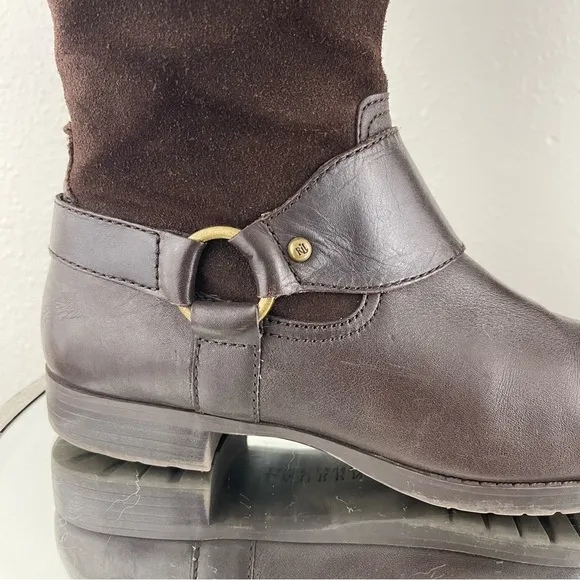 RALPH LAUREN Dark Brown Suede Leather Sulita Harness Tall Knee High Riding Boots