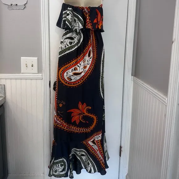Ramona LaRue by Arianne Women’s XS Navy Paisley Strapless Maxi Dress Boho Chic