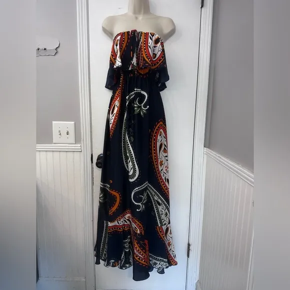 Ramona LaRue by Arianne Women’s XS Navy Paisley Strapless Maxi Dress Boho Chic