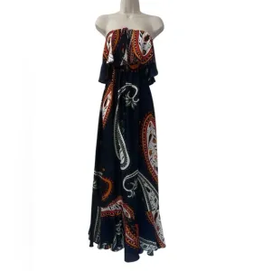 Ramona LaRue by Arianne Women’s XS Navy Paisley Strapless Maxi Dress Boho Chic
